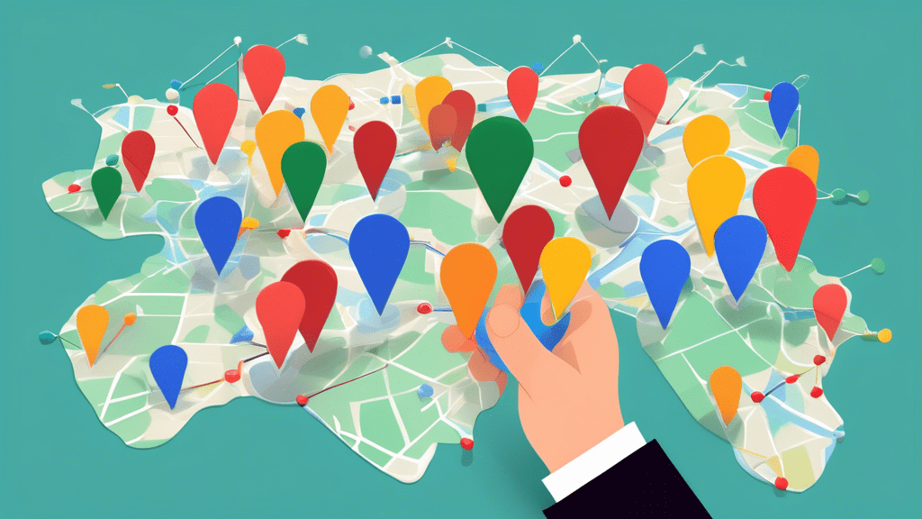 A hand organizing multiple Google Maps location pins with different colored flags, representing different business categories, all connected to a central hub labeled Google Business Profile Groups.