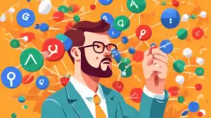 A stressed-out small business owner juggling many map pins with the Google My Business logo on them