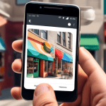 A hand using a smartphone to organize photos of a storefront on a Google Business Profile interface, with a magnifying glass highlighting a photo of a smiling shop owner.