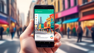 A hand holding a smartphone with the Google Business Profile app open, superimposed over a bustling city street with shops and businesses.