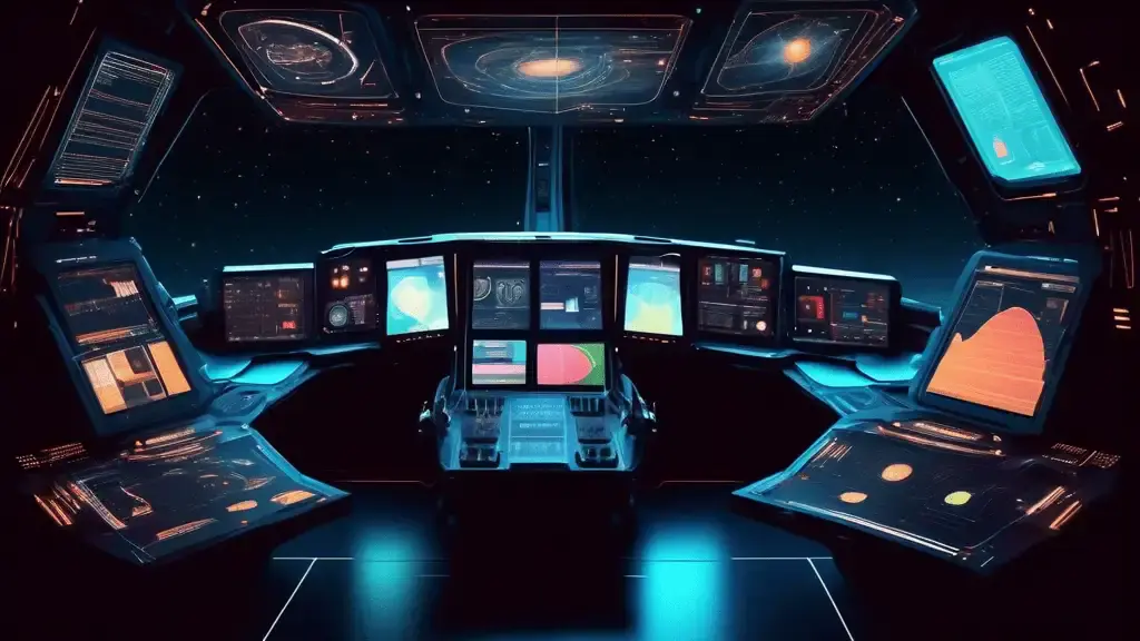 A vast, dark expanse of space with a single, brightly lit spaceship cockpit in the foreground, displaying complex graphs and data on multiple screens.
