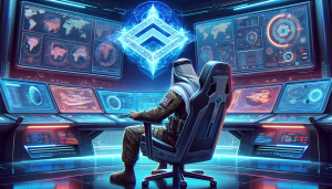 A spaceship captain in a futuristic command center chair, staring at multiple monitors displaying complex data and graphs, with a holographic EVE Online logo floating in the foreground.
