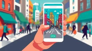 A hand holding a smartphone with the Google My Business app open, superimposed over a bustling city street with shops and businesses.