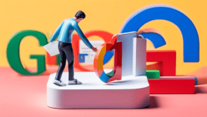 A miniature person standing on a giant Gmail inbox, using a magnifying glass to examine a Google My Business logo.
