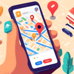 A hand holding a smartphone with a Google Maps interface displaying a storefront with Your Business Name and a 5-star rating, surrounded by floating icons of a location pin, camera, pencil, and a chec