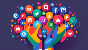A hand juggling colorful logos of popular social media and business platforms, with a prominent Google My Business logo in the center and the words Manage Your Business written above.