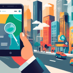 A hand holding a smartphone with the Google My Business app open, displaying a dashboard with analytics and tools for managing a business profile, superimposed over a cityscape with a magnifying glass