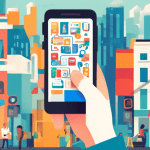 A hand holding a smartphone with the Google My Business app open, showcasing various tools and settings, with a background of a bustling city street representing multiple businesses.