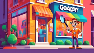 A friendly cartoon GoDaddy character holding a magnifying glass over a Google My Business storefront with a happy business owner inside.