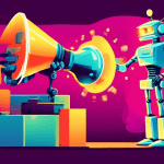 A friendly robot handing a small business owner a megaphone with a glowing Marketing button on it.