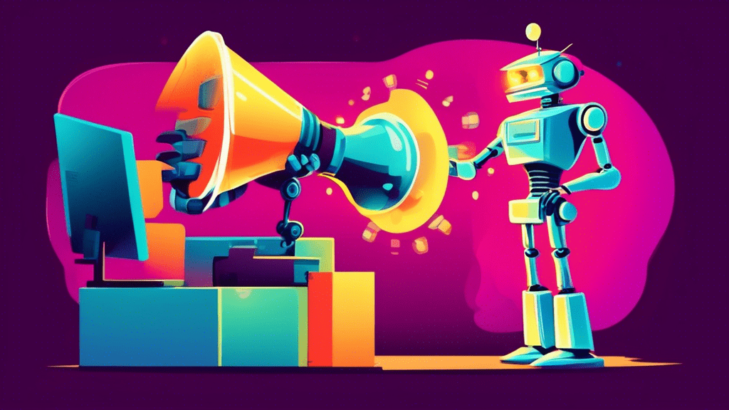 A friendly robot handing a small business owner a megaphone with a glowing Marketing button on it.