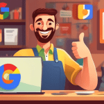 A friendly shop owner smiles and gives a thumbs up in front of a laptop displaying his Google Business profile with a perfect five star rating.