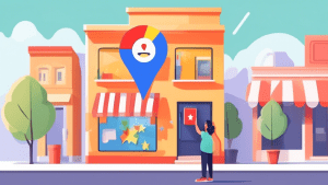 A storefront with a giant Google Maps pin sticking out of it, with a happy business owner holding a phone showing their 5-star reviews.