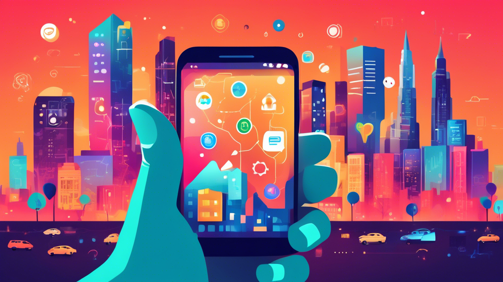 A hand holding a smartphone with a glowing Google Business Profile interface, surrounded by floating icons representing reviews, location, messaging, and analytics, against a backdrop of a bustling ci