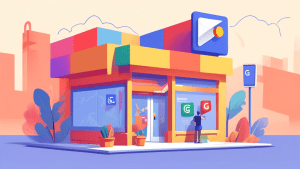 A friendly, helpful storefront with a giant Google Maps pin sticking out of the roof and a giant smartphone leaning against it displaying a Google Business Profile checklist.