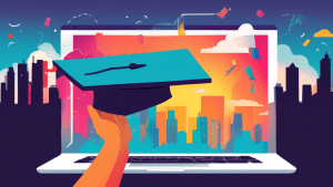 A hand reaching out from a laptop screen holding a graduation cap, with the Google My Business logo floating above and a cityscape in the background.