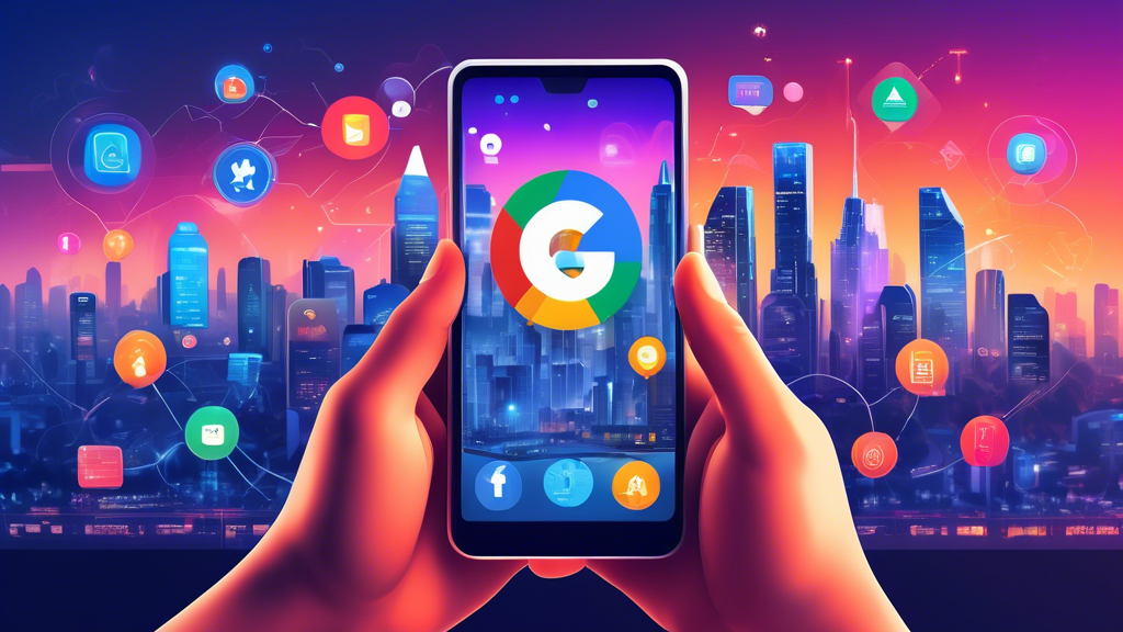 A hand holding a smartphone with a glowing Google Business Profile interface, surrounded by icons representing key features like reviews, photos, and location, against a futuristic cityscape backgroun