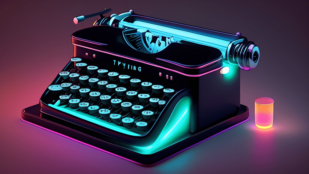 A vintage typewriter with glowing keys that spell out Typing.com.