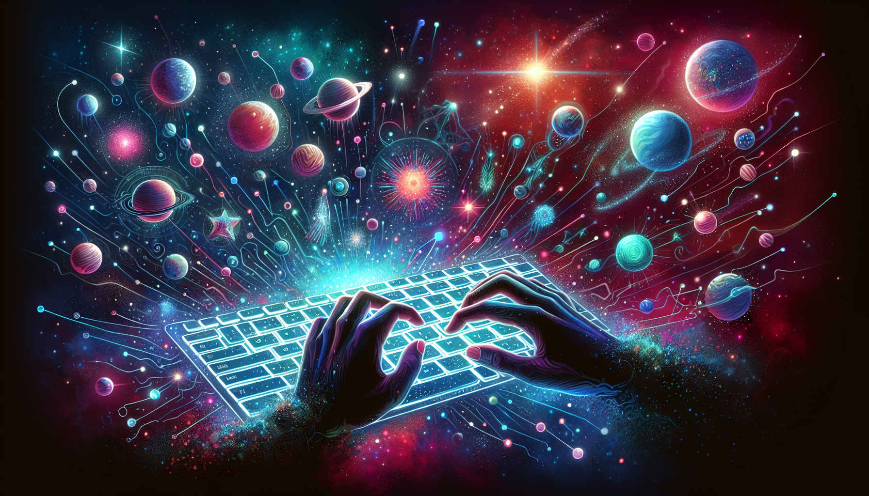 Hands typing on a glowing keyboard floating in a dark space with planets and constellations in the background.