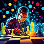 A chess grandmaster using a magnifying glass to analyze a complex chessboard with glowing targets highlighting key pieces.