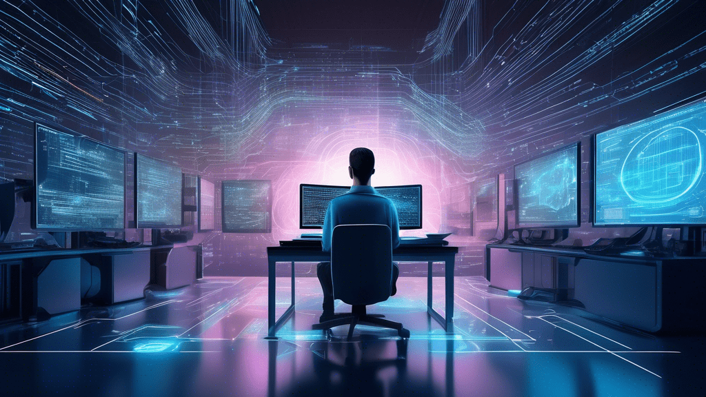 Create a detailed digital illustration of a futuristic computer programmer working in a sleek, high-tech environment. The programmer is deeply focused on a large, holographic screen displaying lines o