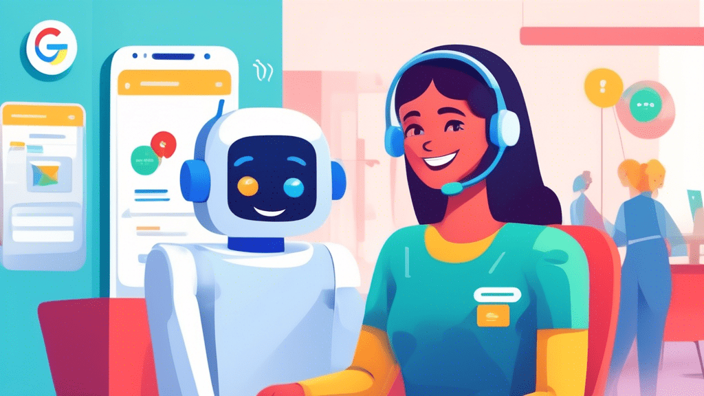 A friendly chatbot wearing a Google Business Profile badge, assisting a happy customer with their questions, in a bright and modern customer service center.