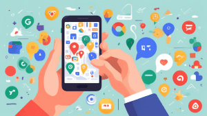 A hand holding a smartphone with the Google My Business app open, surrounded by floating icons of reviews, locations, messages, and analytics, with the Google Maps logo in the background.
