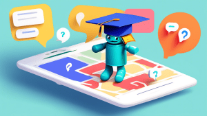 A friendly chatbot wearing a graduation cap sits atop a Google Maps pin, surrounded by speech bubbles with questions and answers.