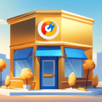 A storefront business radiating a golden glow with a stylized Google Maps pin above it and a checklist with check marks hovering next to it. Everything is crisp and clean with a bright blue sky in th