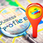 A magnifying glass hovering over a Google Maps pin with the text Business Profile glowing inside.