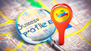 A magnifying glass hovering over a Google Maps pin with the text Business Profile glowing inside.