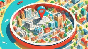 A giant magnifying glass with the Google Maps pin logo inside, hovering over a miniature cityscape, searching for local businesses.