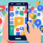A hand holding a smartphone with a Google My Business logo on the screen, surrounded by floating icons representing reviews, maps, location pins, and happy customers.