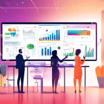 Create a digital illustration of a modern, sleek office setting where a diverse group of professionals collaborates around a large touch-screen display. The screen shows a multi-colored sales pipeline