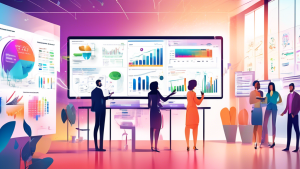 Create a digital illustration of a modern, sleek office setting where a diverse group of professionals collaborates around a large touch-screen display. The screen shows a multi-colored sales pipeline