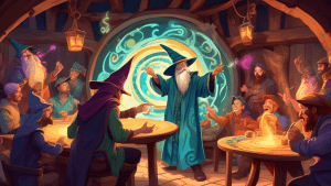 A wizard confidently sending a magical message through a swirling portal, surrounded by amazed adventurers in a tavern.