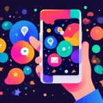 A hand holding a smartphone with a glowing Google My Business logo hovering above, surrounded by colorful location pins, stars, and review bubbles.