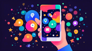 A hand holding a smartphone with a glowing Google My Business logo hovering above, surrounded by colorful location pins, stars, and review bubbles.