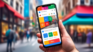 A hand holding a smartphone displaying a vibrant Google Business Profile interface with a 5-star rating and positive customer reviews, superimposed on a bustling city street with shops and businesses.