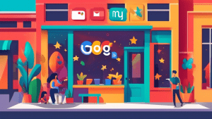A storefront window with the Google My Business logo reflecting on it, showcasing a vibrant small business interior with happy customers and a phone displaying a 5-star review.