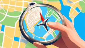 A hand holding a compass with a Google Maps pin embedded in the center, hovering over a stylized map with the Google My Business logo prominently displayed.