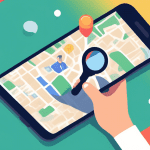 A hand holding a smartphone with a magnifying glass hovering over a Google Maps pin with the Google My Business logo on it.