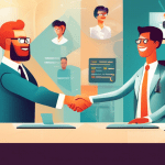 Create an image of a friendly business professional in a modern office environment shaking hands with a smiling client. Surround them with symbols of communication and trust, such as speech bubbles, a