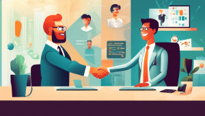 Create an image of a friendly business professional in a modern office environment shaking hands with a smiling client. Surround them with symbols of communication and trust, such as speech bubbles, a