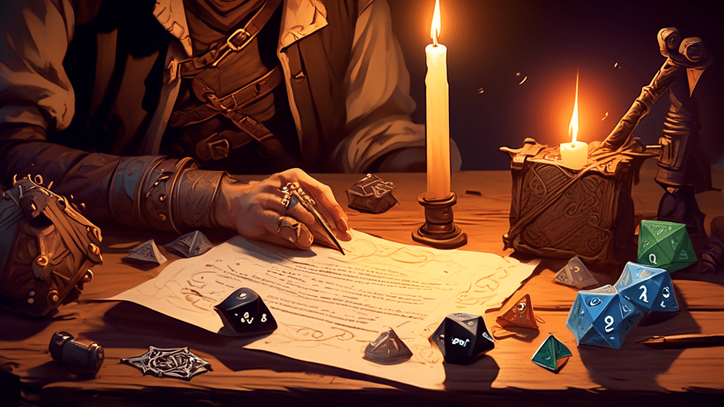 A hand holding a quill pen writes a message on a scroll, with a d20 dice, a miniature figure of a messenger, and various other Dungeons & Dragons items scattered on a wooden table, lit by the warm glo