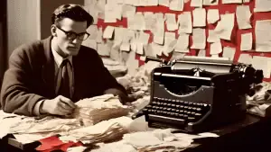 A writer sits at a desk, surrounded by crumpled papers and empty coffee cups, typing intently on a vintage typewriter. The keys of the typewriter are labeled with various elements of scriptwriting suc