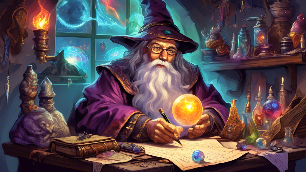 A wise old wizard sitting at a desk, quill in hand, writing a scroll titled The Art of Sending: A Comprehensive Guide for Dungeon Masters. The desk is cluttered with various magical items, ancient tom