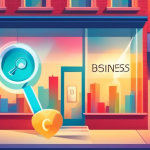 A storefront window with a magnifying glass hovering over a Google Maps location pin, with a bright light shining on the pin and the words Business Profile written below.