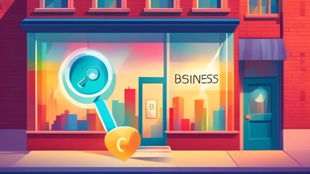 A storefront window with a magnifying glass hovering over a Google Maps location pin, with a bright light shining on the pin and the words Business Profile written below.
