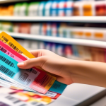 A close-up photo of a person's hand holding several colorful paper coupons, with a blurred background of a grocery store checkout counter and a cashier scanning items.